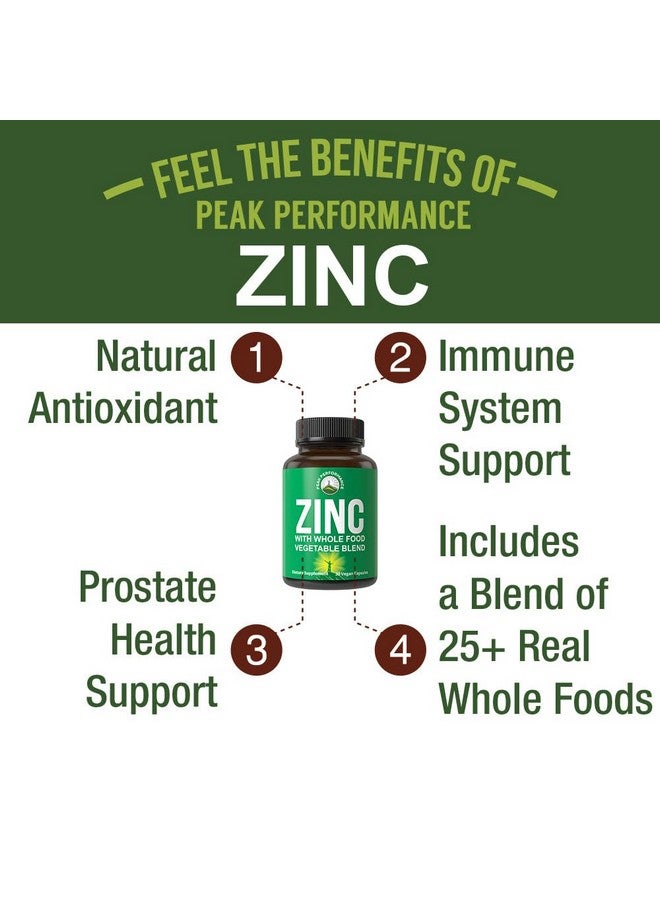 Peak Performance Vegan Zinc Supplement with Vitamin C + Whole Food Blend of 25 Vegetables and Fruits for Max Absorption. Zinc Supplements 30mg Capsules, Pills, Tablets, Vitamins for Adults Both Men and Women - Image 2