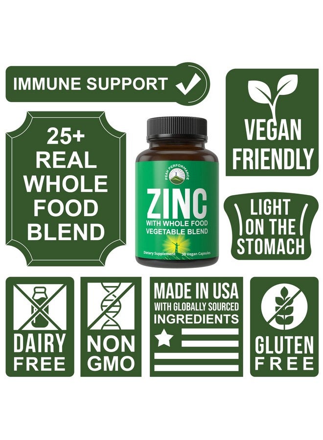 Peak Performance Vegan Zinc Supplement with Vitamin C + Whole Food Blend of 25 Vegetables and Fruits for Max Absorption. Zinc Supplements 30mg Capsules, Pills, Tablets, Vitamins for Adults Both Men and Women - Image 3