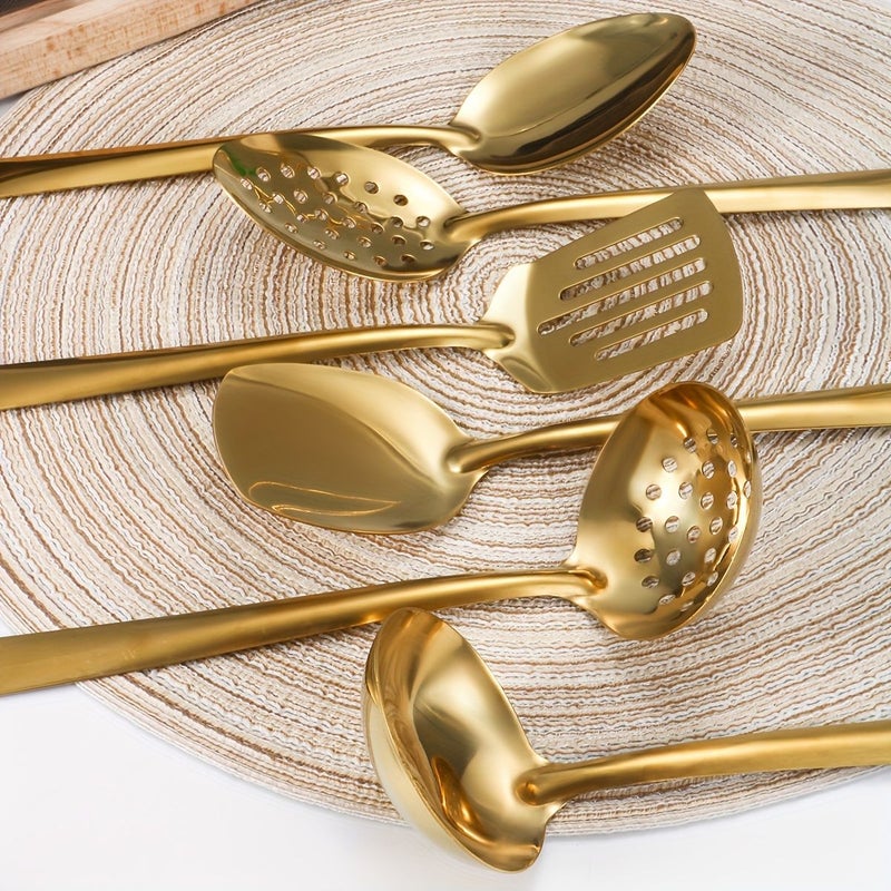 6 Piece Golden Stainless Steel Kitchen Utensil Set Korean Style Spatula Soup Ladle Slotted Spoon Home Cooking Stir Fry Frying Essential Tool Buffet Restaurant Banquet Party Baking Serving - Image 1