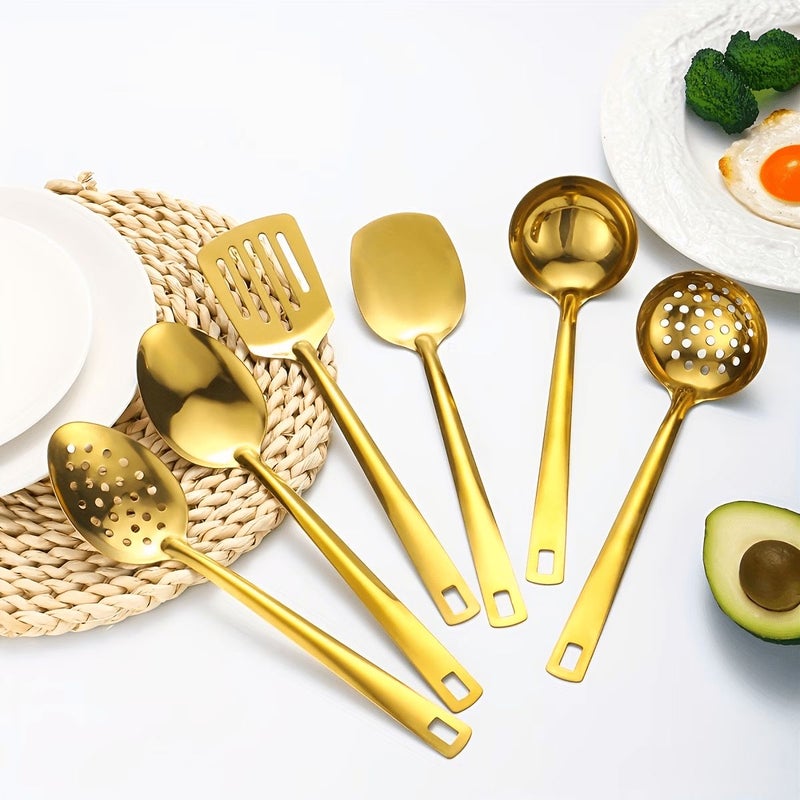 6 Piece Golden Stainless Steel Kitchen Utensil Set Korean Style Spatula Soup Ladle Slotted Spoon Home Cooking Stir Fry Frying Essential Tool Buffet Restaurant Banquet Party Baking Serving - Image 4