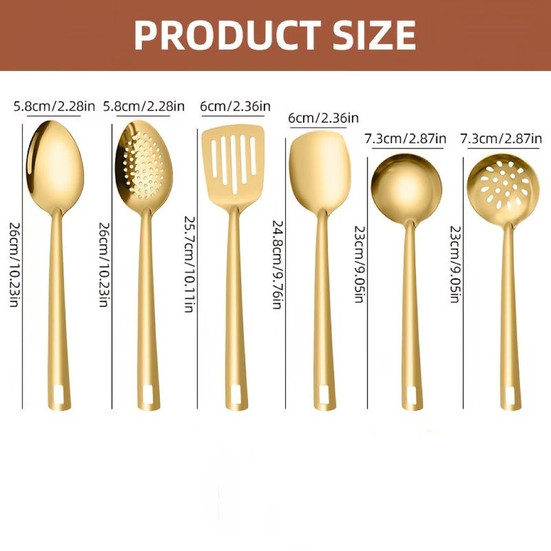 6 Piece Golden Stainless Steel Kitchen Utensil Set Korean Style Spatula Soup Ladle Slotted Spoon Home Cooking Stir Fry Frying Essential Tool Buffet Restaurant Banquet Party Baking Serving - Image 3
