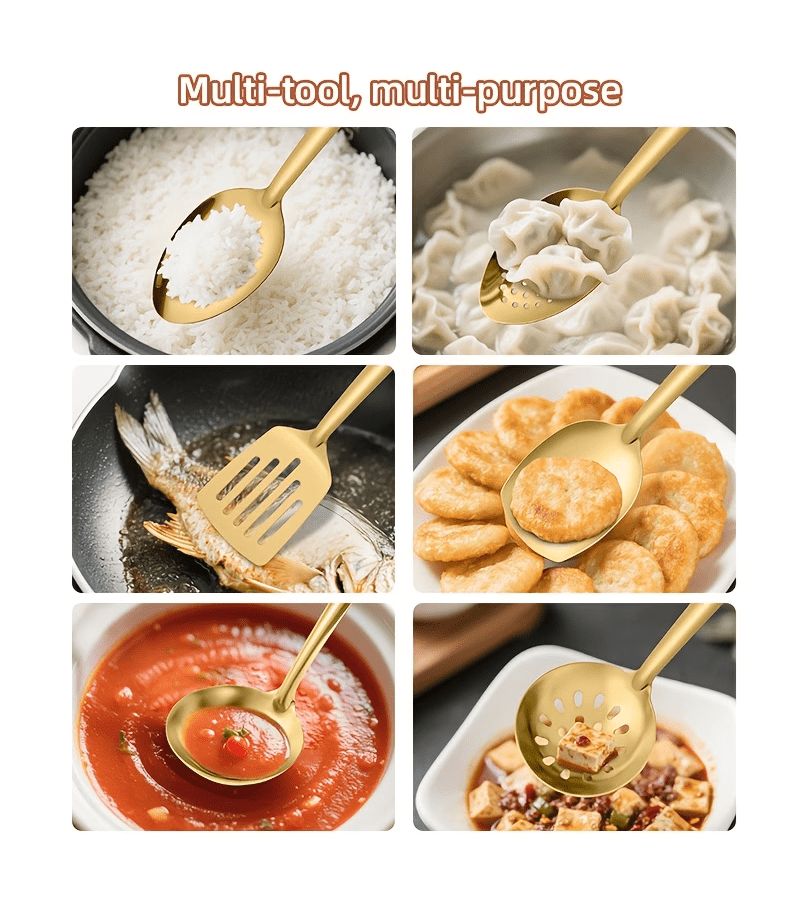 6 Piece Golden Stainless Steel Kitchen Utensil Set Korean Style Spatula Soup Ladle Slotted Spoon Home Cooking Stir Fry Frying Essential Tool Buffet Restaurant Banquet Party Baking Serving - Image 5