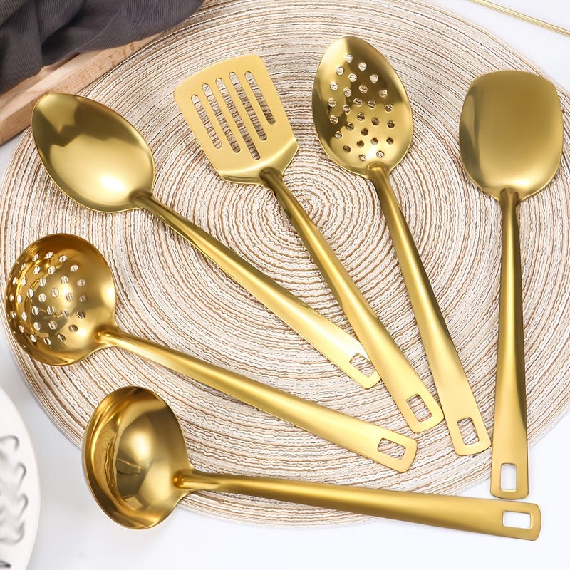 6 Piece Golden Stainless Steel Kitchen Utensil Set Korean Style Spatula Soup Ladle Slotted Spoon Home Cooking Stir Fry Frying Essential Tool Buffet Restaurant Banquet Party Baking Serving - Image 2