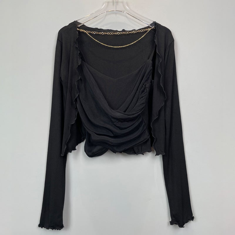 Korean Dongdaemun Chic Tight Cami Cardigan Set Black  - Image 1