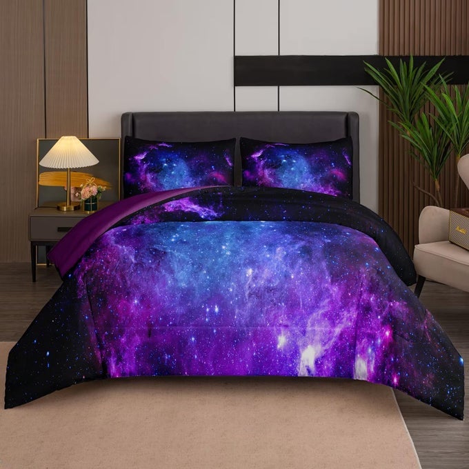 GALAXY COMFORTER SETS SPACE BEDDING 5PCS QUEEN SIZE COMFORTER SETS FOR GIRLS PURPLE BEDDING SET1COMFORTER 1FLAT SHEET 1FITTED SHEET 2PILLOWCASES