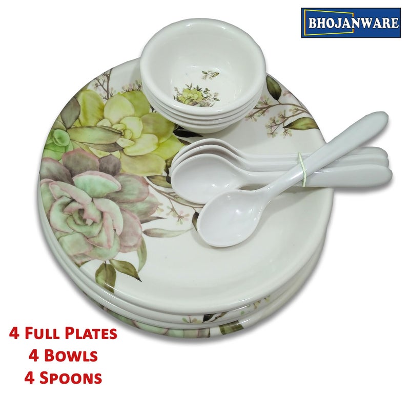 BHOJANWARE مجموعة عشاء مكونة من 12 قطعة لكل مناسبة: تحتوي على 4 أطباق كاملة، 4 سلطانيات و 4 ملاعق مثالية لتناول الطعام. - Image 4