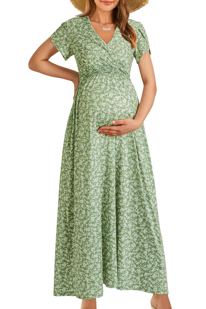 OUGES Maternity Maxi Dress Wrap Baby Shower Pregnancy Dresses for Photoshoot Maternity Outfits Summer Clothes 2026(Floral-8, X-Large) - Image 1