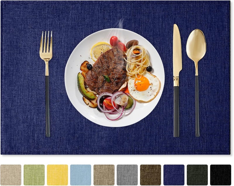 Romanstile Cloth Placemats Set of 412 x 18 Inch Heat Resistant Double Layered Thickened Burlap Place Mats Washable Faux Linen Farmhouse Table Mats for KitchenDiningPartyOutdoor Navy Blue - Image 1