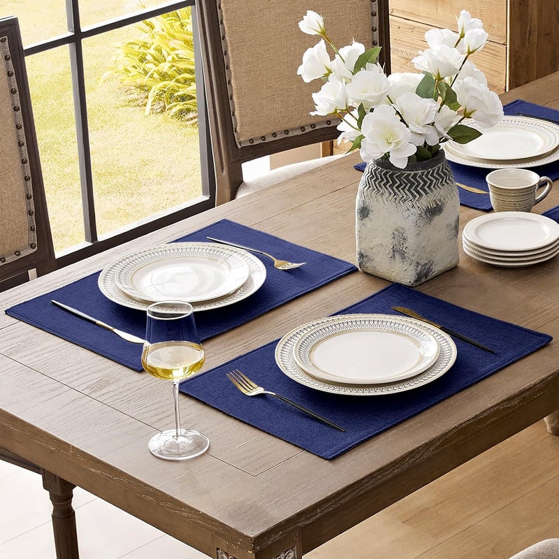 Romanstile Cloth Placemats Set of 412 x 18 Inch Heat Resistant Double Layered Thickened Burlap Place Mats Washable Faux Linen Farmhouse Table Mats for KitchenDiningPartyOutdoor Navy Blue - Image 2