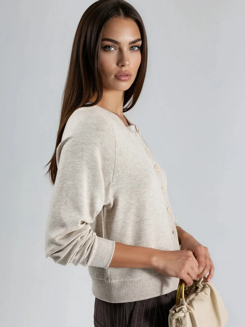 Busem Stone Natural BUSEM Crew Neck Buttoned Cardigan for Women | Best Price UAE