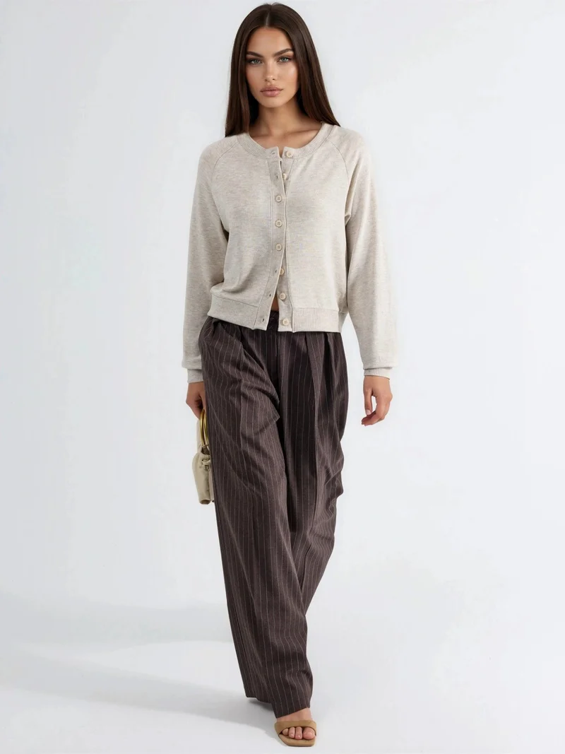 Busem Stone Natural BUSEM Crew Neck Buttoned Cardigan for Women | Best Price UAE