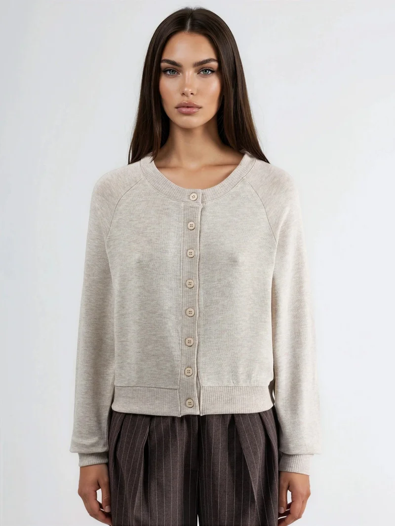 Busem Stone Natural BUSEM Crew Neck Buttoned Cardigan for Women | Best Price UAE