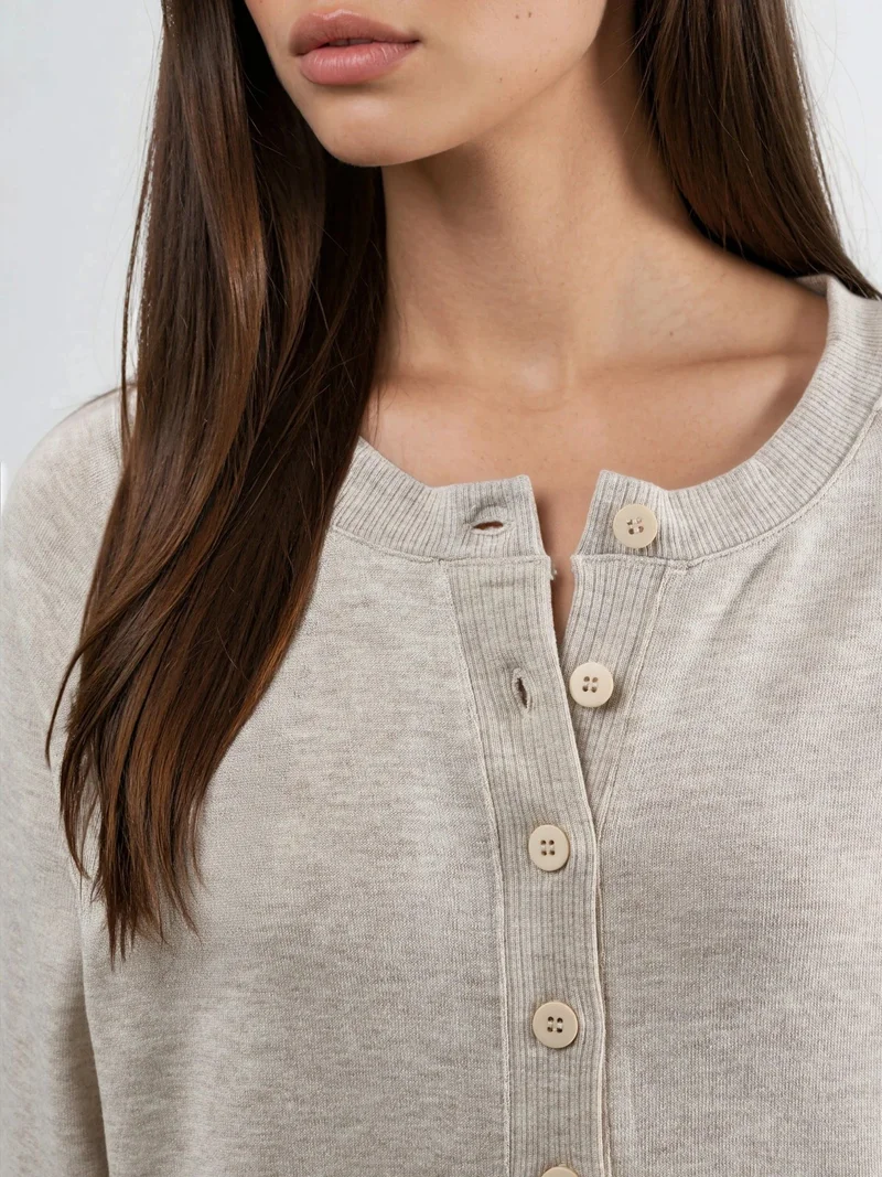 Busem Stone Natural BUSEM Crew Neck Buttoned Cardigan for Women | Best Price UAE