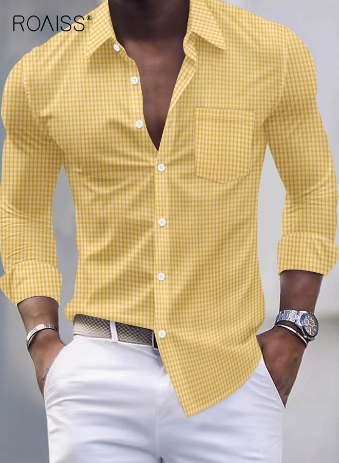 رويس قميص رجالي خفيف الوزن منقوش بتصميم كاجوال بأكمام طويلة مع ياقة منقوش وجيب على الصدر، بأزرار أمامية للربيع والخريف، مثالي للمكتب والملابس شبه الرسمية وغير الرسمية - Image 1
