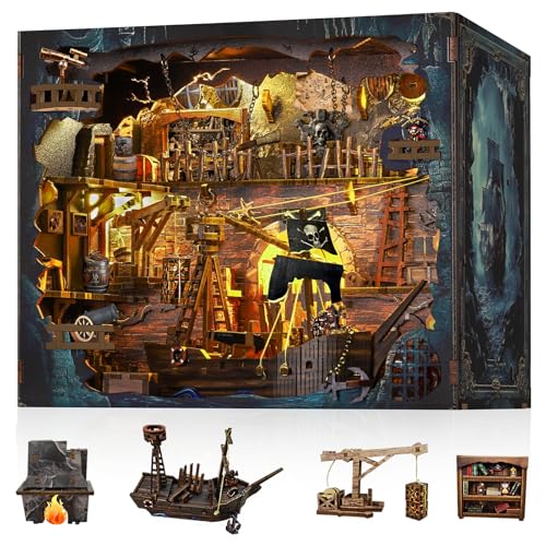 VORATHIS Book Nook Pirate Kit DIY Miniature House Kit for Adults Teens Dollhouse Booknook Bookshelf Insert Decor with LED Light 3D Wooden Puzzle Gifts for Family Friends - Image 1