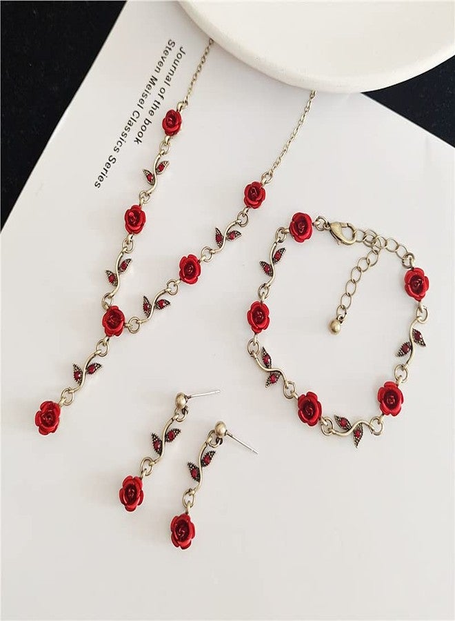 POYAMUSE Red Rose Jewelry Set - Rose Flower Pendant Necklace, Bracelet and Dangle Earrings with Red Crystal Accents, Gothic Lolita Style for Women Wedding Prom-gold - Image 3