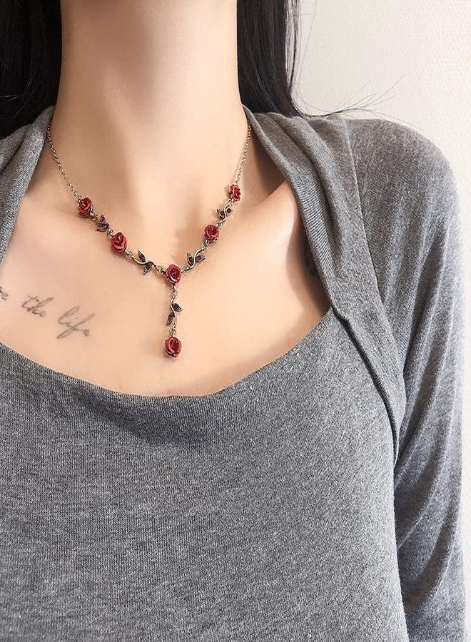 POYAMUSE Red Rose Jewelry Set - Rose Flower Pendant Necklace, Bracelet and Dangle Earrings with Red Crystal Accents, Gothic Lolita Style for Women Wedding Prom-gold - Image 4