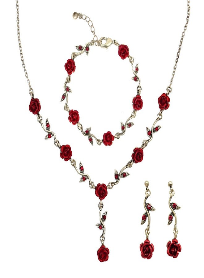 POYAMUSE Red Rose Jewelry Set - Rose Flower Pendant Necklace, Bracelet and Dangle Earrings with Red Crystal Accents, Gothic Lolita Style for Women Wedding Prom-gold - Image 1