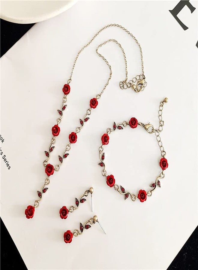 POYAMUSE Red Rose Jewelry Set - Rose Flower Pendant Necklace, Bracelet and Dangle Earrings with Red Crystal Accents, Gothic Lolita Style for Women Wedding Prom-gold - Image 2