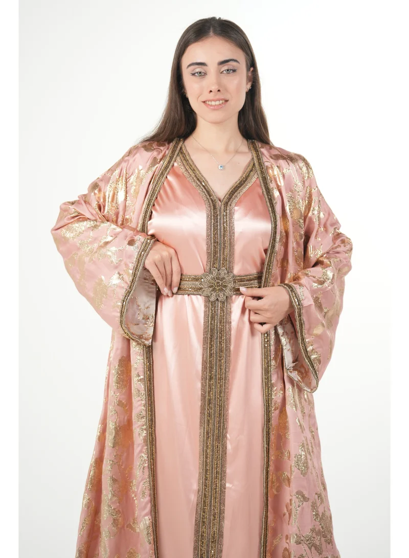 AL BENT AL SHARQIEH pink embroidered satin kaftan dress for Women | Best Price UAE