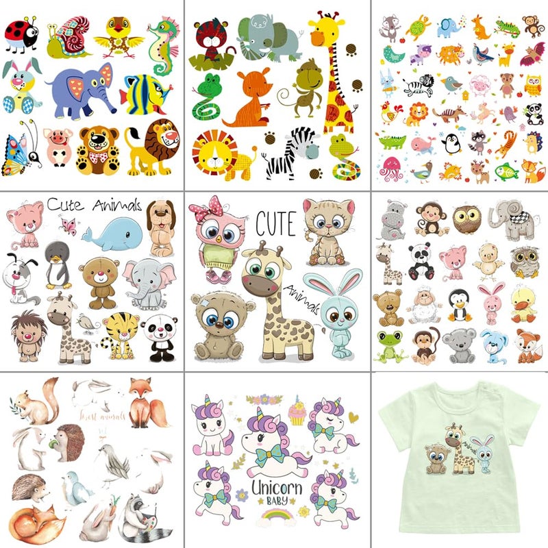 Cute Animal Iron on Stickers Patches 8 Sheets Butterfly Lion Unicorn Cartoon Animal Heat Transfer Stickers Decals DIY Kids Baby Boys Girls Clothes Jeans TShirt Hat Bag Decoration Applique
