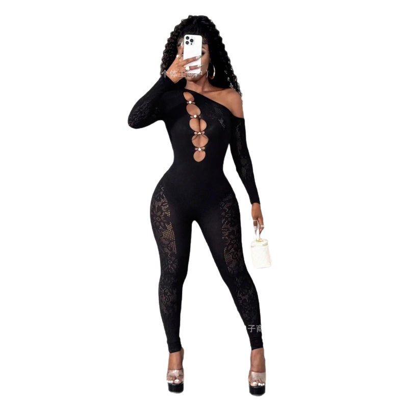 Women's Black Beaded One-Shoulder Jumpsuit