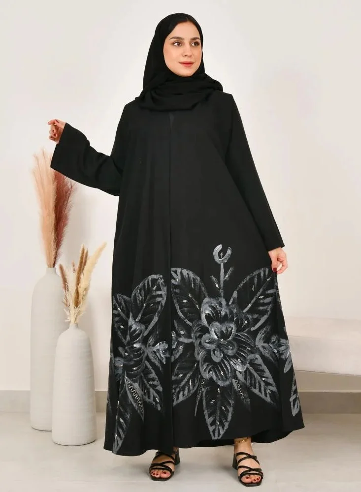 lamha abaya Black wrap abaya with a flower print and delicate embroidery