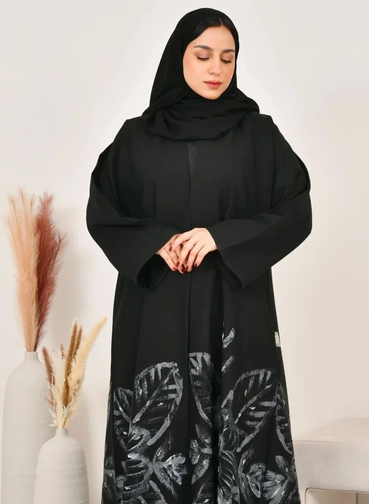 عبايات لمحة عباية لف سوداء كلوش بطابعة زهرة مزينة بشك ناعم