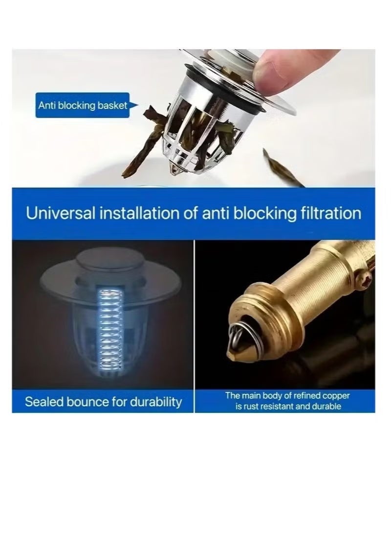 Universal Bathroom Sink Stopper, Anti-odor Wash Basin Refined Copper Core, Pop Up Bathroom Sink Plug, Press Type Sink Drain Stopper, Washbasin Drain Filter, Bathtub Hair Catcher, Bathroom Accessories - Image 5