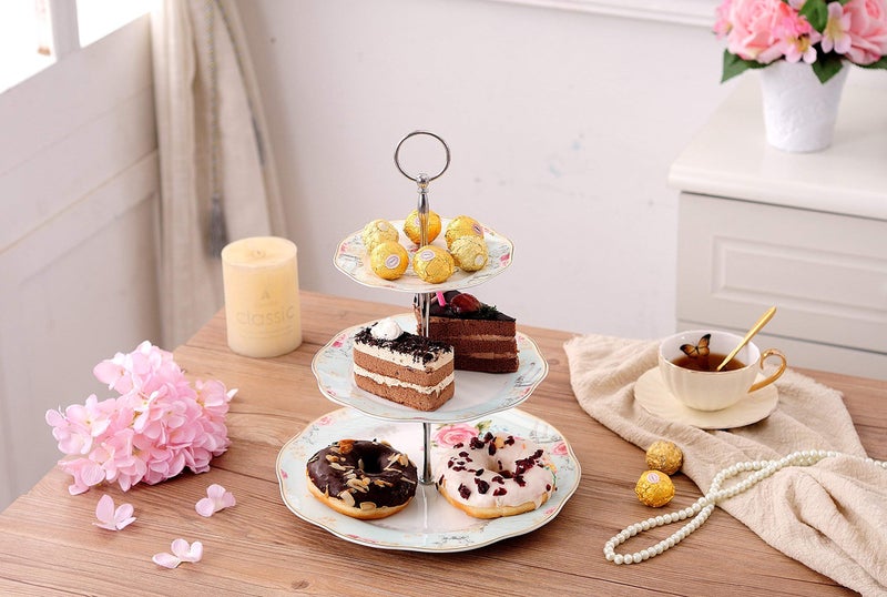 Jusalpha Light Blue 3-tier Ceramic Cake Stand- Cupcake Stand- Tea Party Pastry Serving Platter Comes In a Gift Box- Free Sugar Tong (FD-QD3T) - Image 4