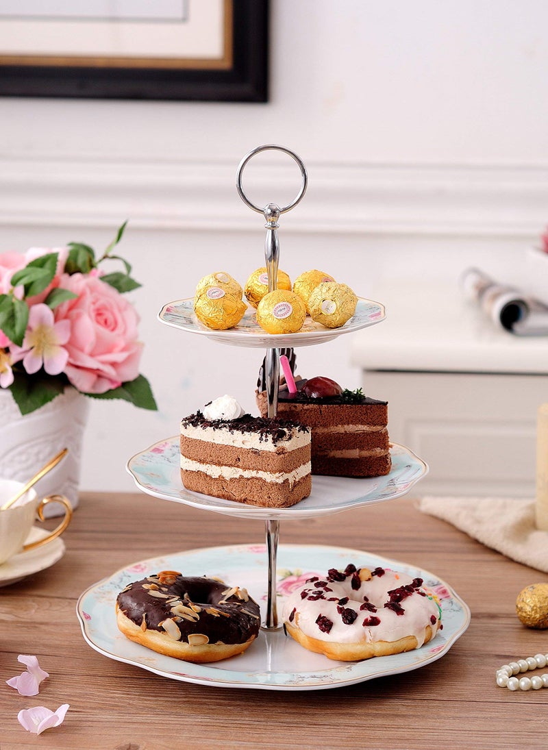 Jusalpha Light Blue 3-tier Ceramic Cake Stand- Cupcake Stand- Tea Party Pastry Serving Platter Comes In a Gift Box- Free Sugar Tong (FD-QD3T) - Image 5