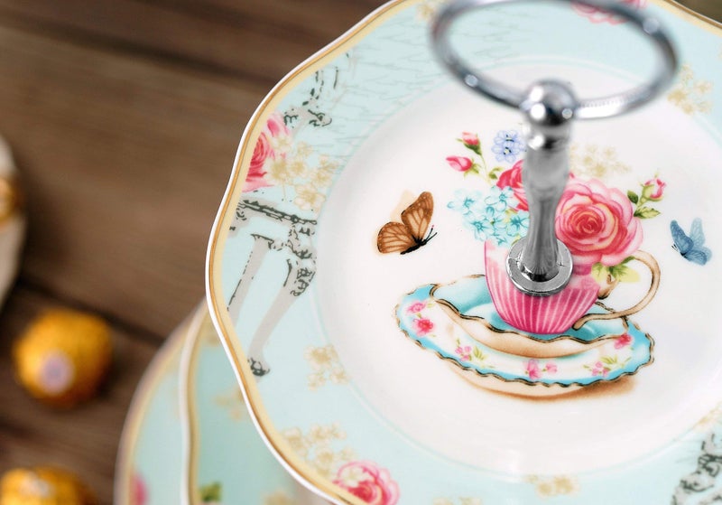 Jusalpha Light Blue 3-tier Ceramic Cake Stand- Cupcake Stand- Tea Party Pastry Serving Platter Comes In a Gift Box- Free Sugar Tong (FD-QD3T) - Image 2