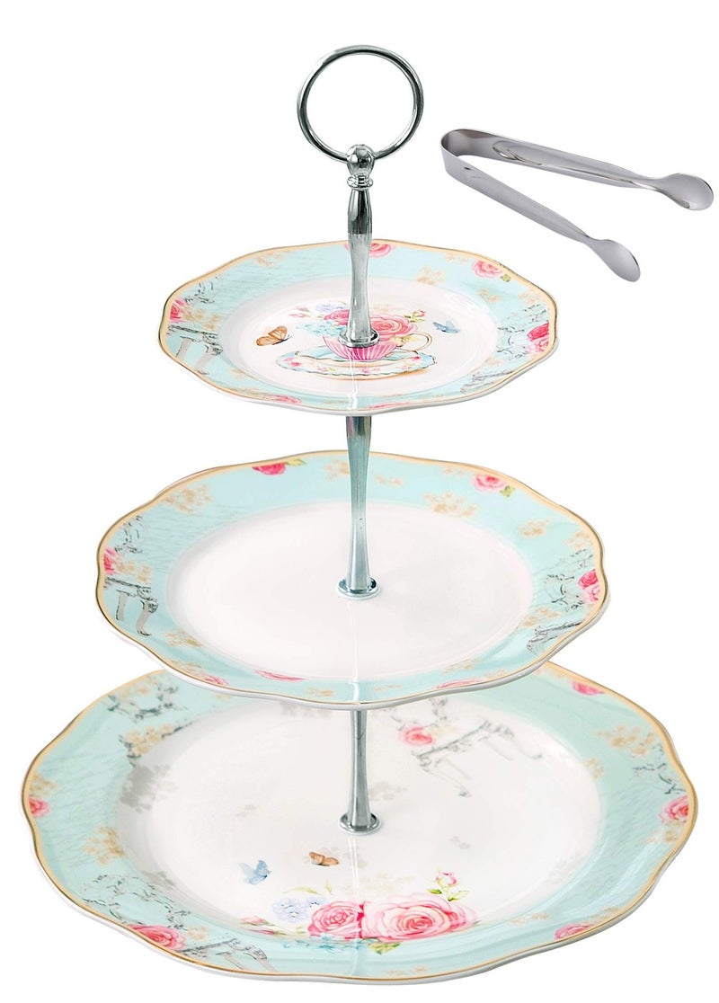 Jusalpha Light Blue 3-tier Ceramic Cake Stand- Cupcake Stand- Tea Party Pastry Serving Platter Comes In a Gift Box- Free Sugar Tong (FD-QD3T) - Image 1