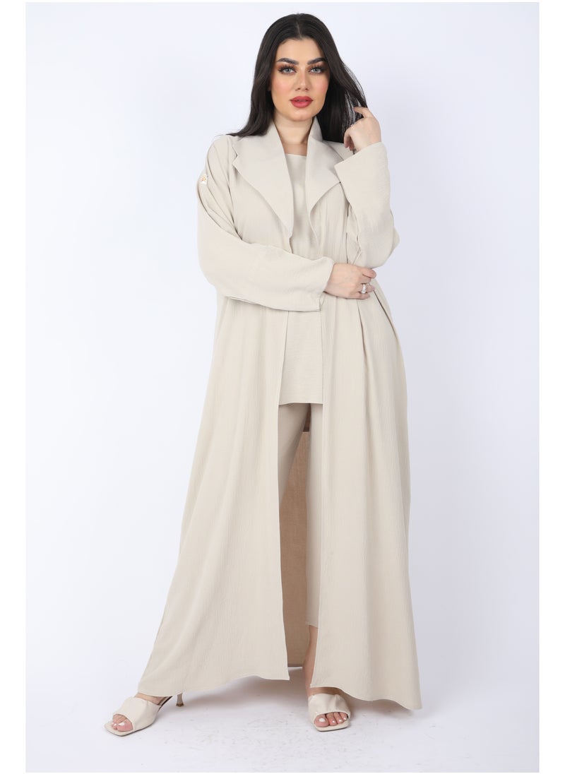 FULL JOY - Elegant Abaya Set of 3pc Shirt, Bentaloon  and Jacket , Biege - Image 1