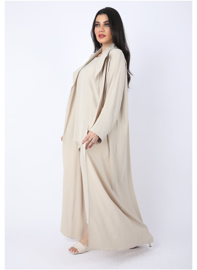 FULL JOY - Elegant Abaya Set of 3pc Shirt, Bentaloon  and Jacket , Biege - Image 1