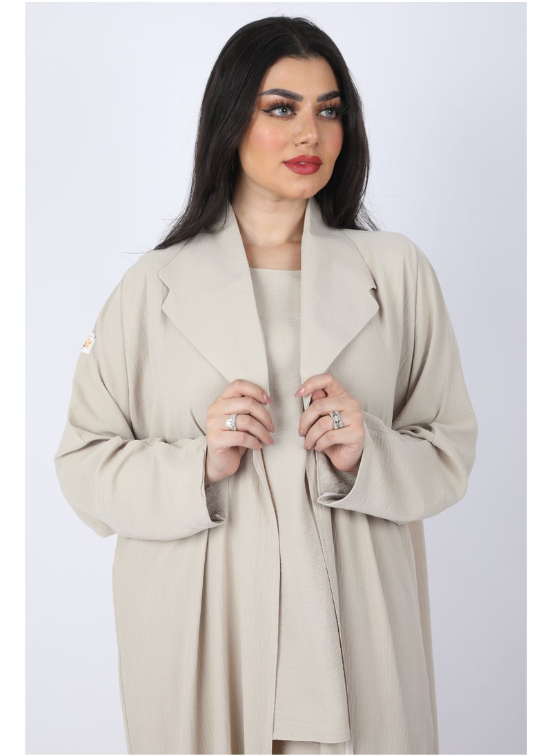 FULL JOY - Elegant Abaya Set of 3pc Shirt, Bentaloon  and Jacket , Biege - Image 1