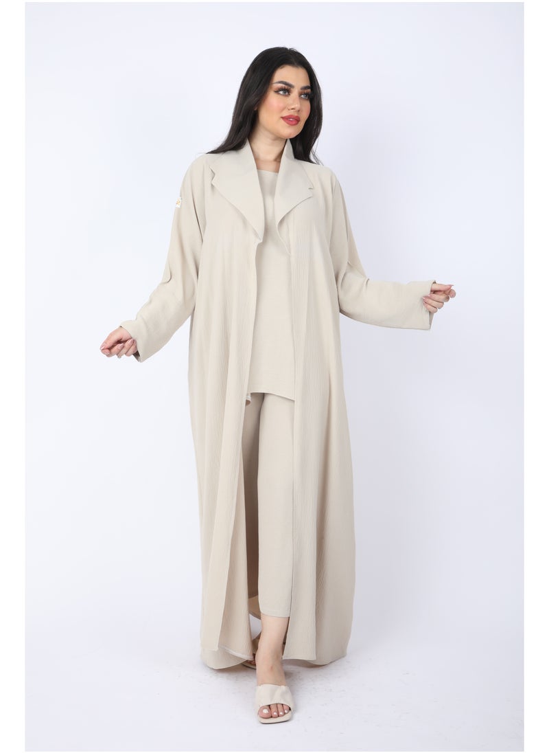 FULL JOY - Elegant Abaya Set of 3pc Shirt, Bentaloon  and Jacket , Biege - Image 1
