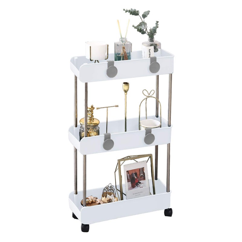 Melody House 3Tier Slim Mobile Shelving Unit on Wheels Slide Out Rolling Bathroom Storage Organizer Utility Carts Shelf Rack for Kitchen Bathroom Laundry Room Narrow Places White 