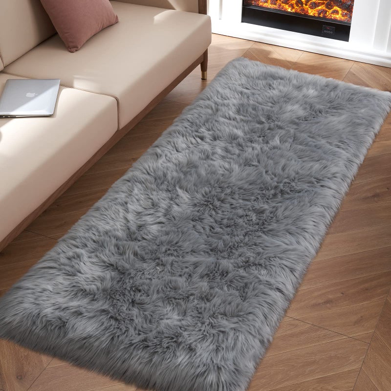 Grey Fluffy Rug for Bedroom 2X6 Faux Fur Rug for Runner Gray Soft Shag Rug for Sofa Couch Cushion Cozy Shaggy Fuzzy Plush Floor Carpet for Nursery Cute Bedside Dorm Home Decor Rectangle