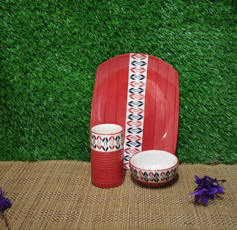 Caffeine Ceramic Handmade red Arrow Pattern Breakfast Set (Set of 3) - Image 1