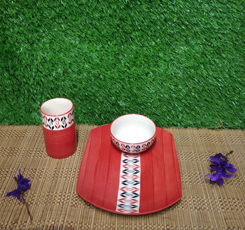 Caffeine Ceramic Handmade red Arrow Pattern Breakfast Set (Set of 3) - Image 2