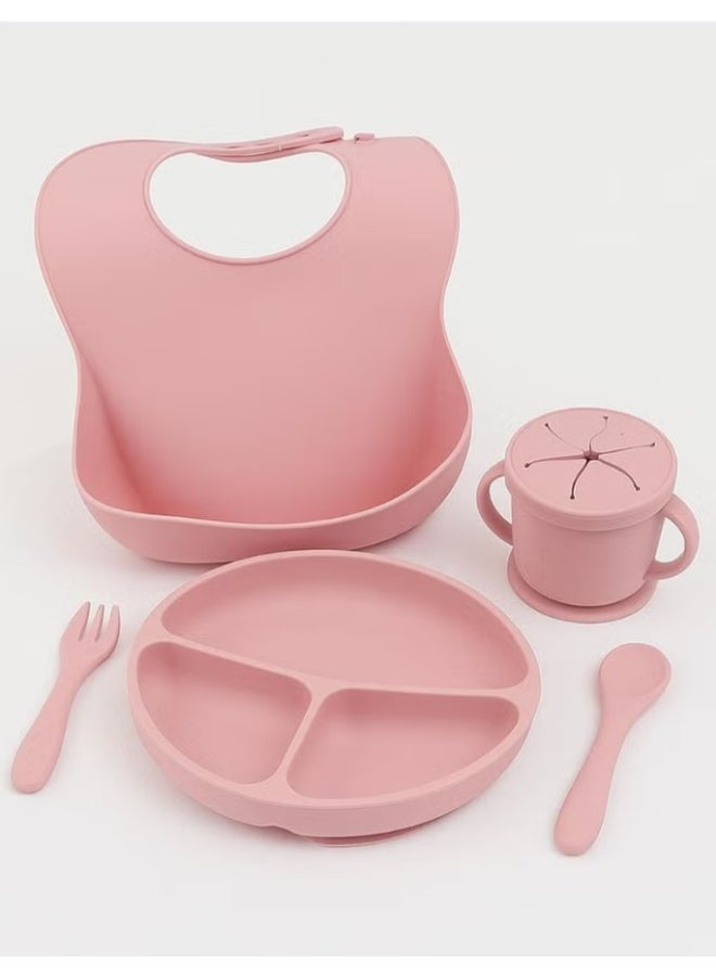 5 pieces Baby silicone feeding set/ Children's Cutlery & tableware set/ Portable, Travel friendly/ Non-toxic Food Grade Silicone/ Baby Feeding Set/ Safe & Reusable Utensils for toddlers and kids (5 Pieces/ Compartment Plate, Water Cup, Bib, Fork & Spoon)/ Pink - Image 1