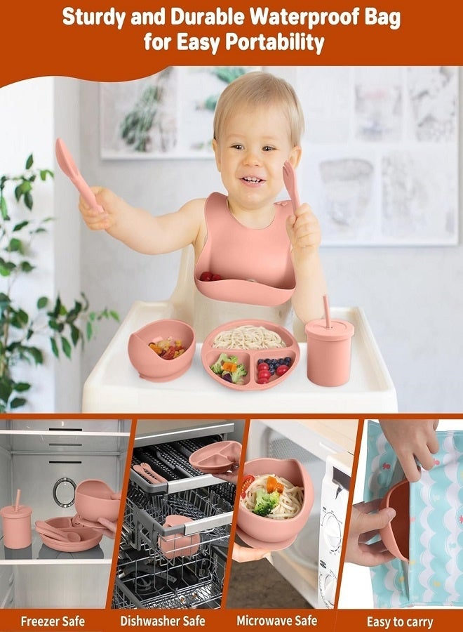 5 pieces Baby silicone feeding set/ Children's Cutlery & tableware set/ Portable, Travel friendly/ Non-toxic Food Grade Silicone/ Baby Feeding Set/ Safe & Reusable Utensils for toddlers and kids (5 Pieces/ Compartment Plate, Water Cup, Bib, Fork & Spoon)/ Pink - Image 3