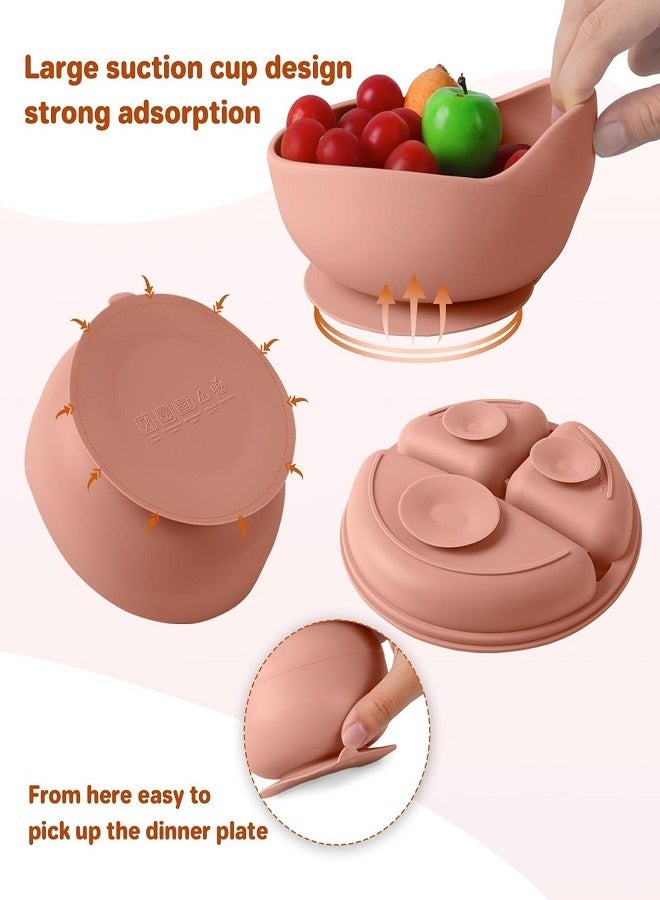 5 pieces Baby silicone feeding set/ Children's Cutlery & tableware set/ Portable, Travel friendly/ Non-toxic Food Grade Silicone/ Baby Feeding Set/ Safe & Reusable Utensils for toddlers and kids (5 Pieces/ Compartment Plate, Water Cup, Bib, Fork & Spoon)/ Pink - Image 4
