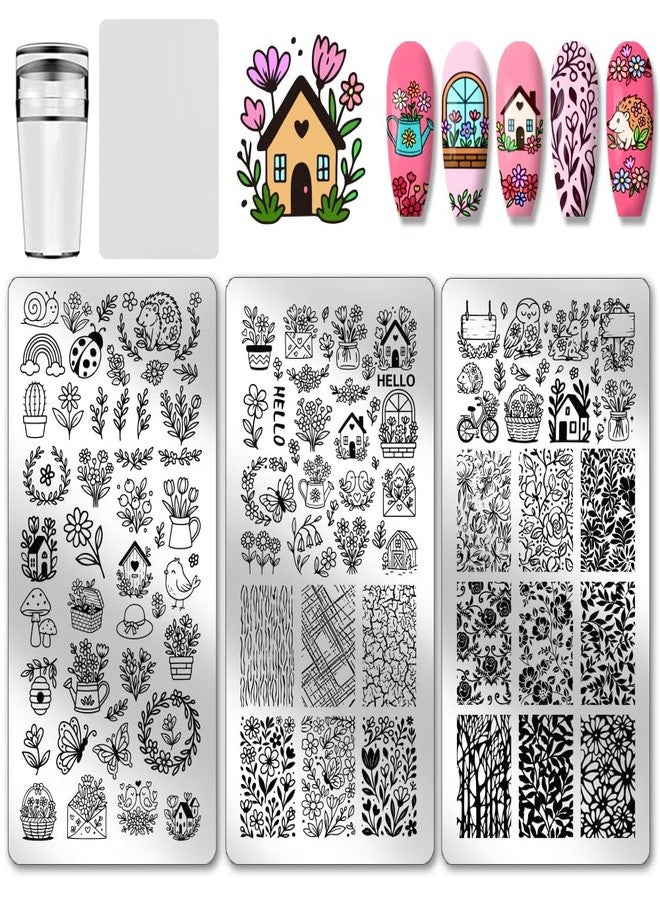 PH PandaHall 3pcs Flowers Garden Pattern Nail Stamp Plate Garden House Theme Print Art Template Stainless Steel Nail Image Plate Flowers Nails Stencils for Women DIY Printing 4.7x2.3 inch - Image 1