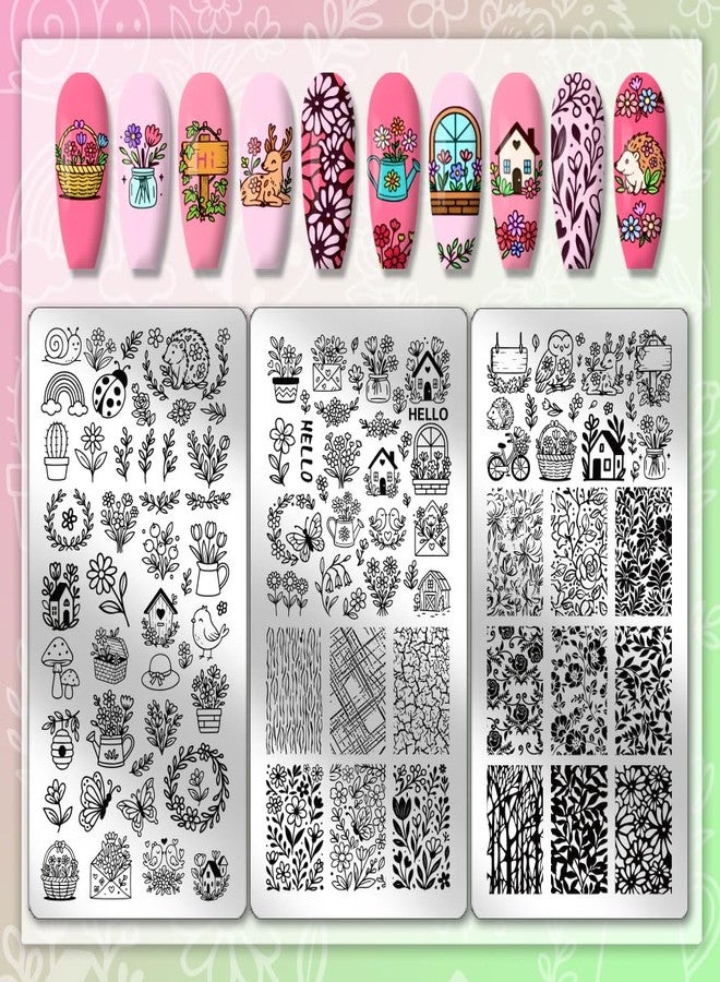 PH PandaHall 3pcs Flowers Garden Pattern Nail Stamp Plate Garden House Theme Print Art Template Stainless Steel Nail Image Plate Flowers Nails Stencils for Women DIY Printing 4.7x2.3 inch - Image 3