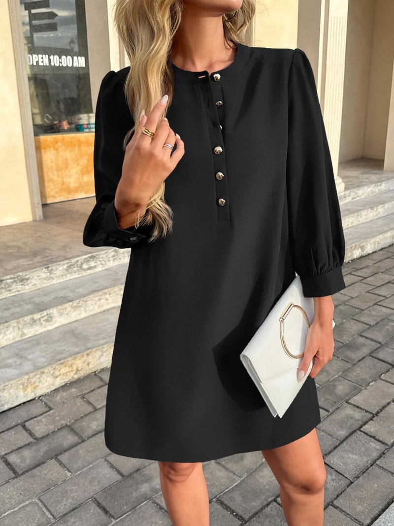 Wenrine Womens 3/4 Puff Sleeve Mini Dress Button Crewneck Elegant Casual Business Shift Dresses 2025 Black - Image 3
