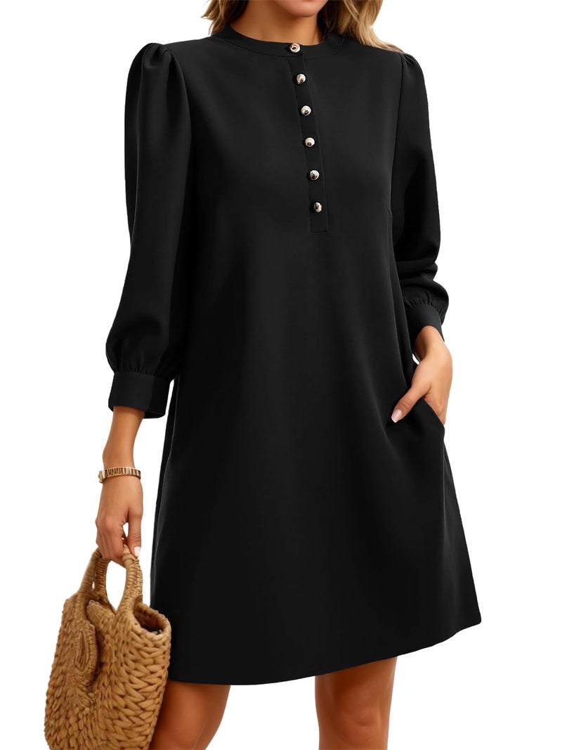 Wenrine Womens 3/4 Puff Sleeve Mini Dress Button Crewneck Elegant Casual Business Shift Dresses 2025 Black - Image 1