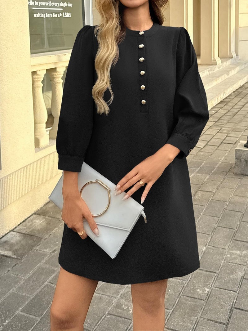 Wenrine Womens 3/4 Puff Sleeve Mini Dress Button Crewneck Elegant Casual Business Shift Dresses 2025 Black - Image 2