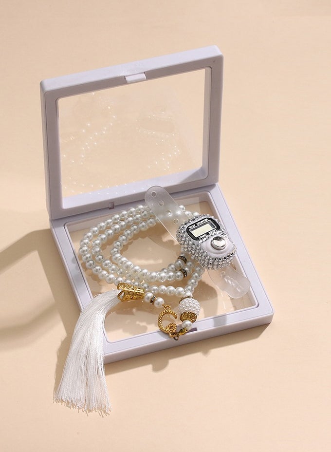 MUSLIM PRAYER BEADS, PRAY BEADS, 99 PRAYER BEADS COUNTER GIFT BOX SET, WHITE